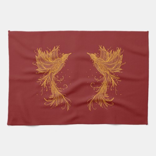 Golden Phoenix Twins on Red Kitchen Towel