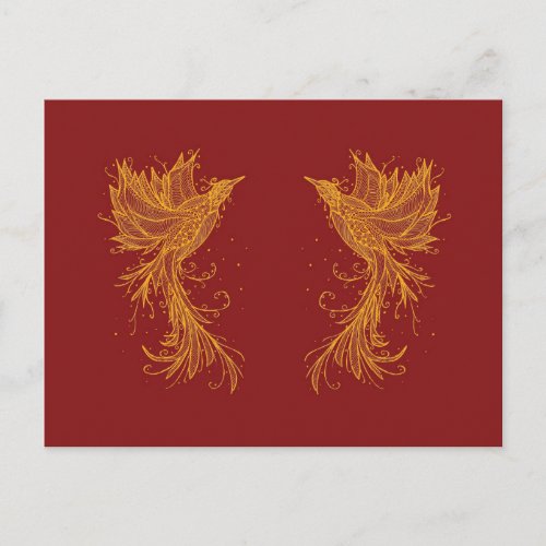 Golden Phoenix Twins on Red Postcard