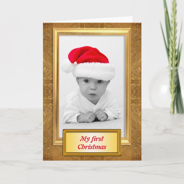 Golden Photo Frame vertical III + your photo/text Holiday Card (Front)