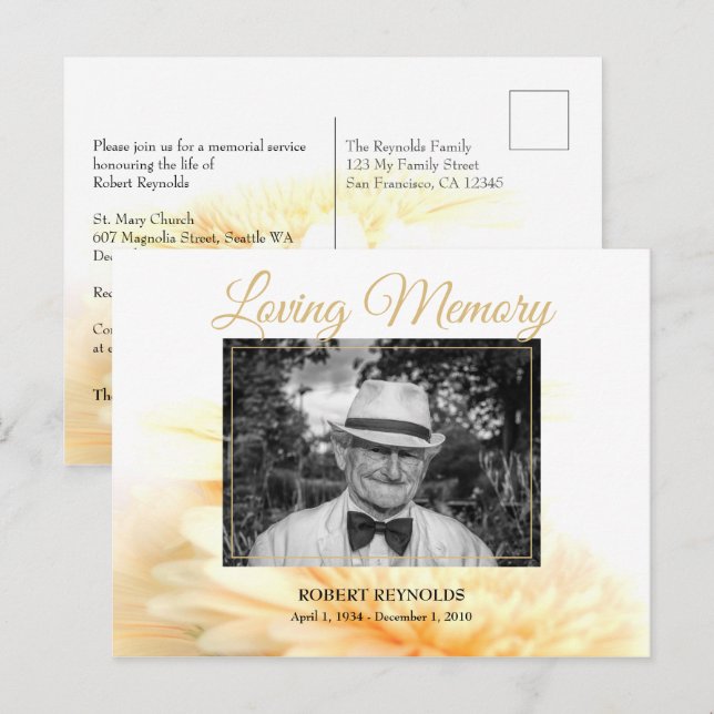 Golden Photo Funeral Memorial Service Invitation Postcard (Front/Back)