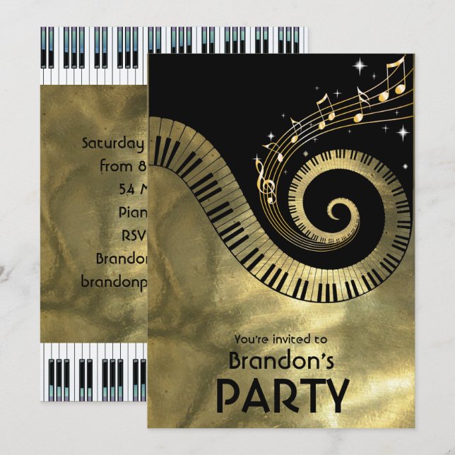 Golden Piano Keys and Gold Music Notes Party Invitation (Front/Back)