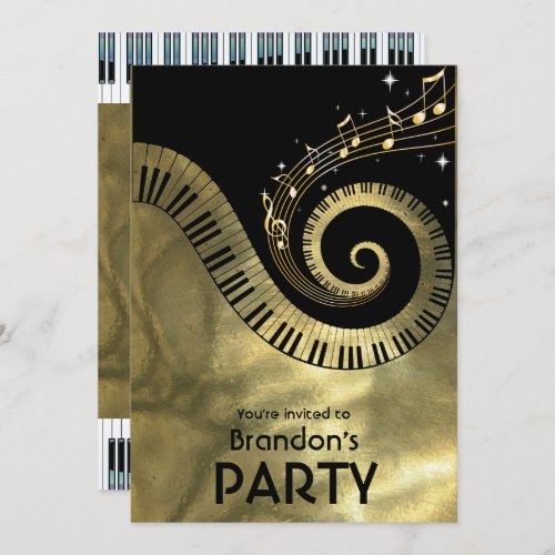 Golden Piano Keys and Gold Music Notes Party Invitation