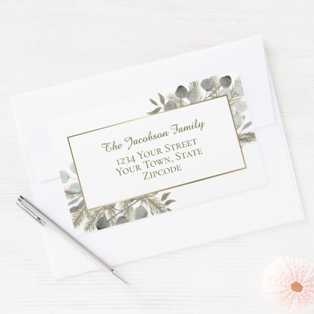 Golden Pine & Eucalyptus Holiday Return Address Rectangular Sticker (Envelope)