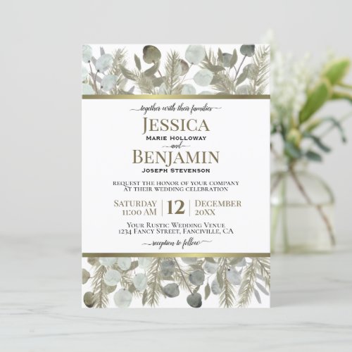 Golden Pine  Eucalyptus Rustic Winter Wedding Invitation