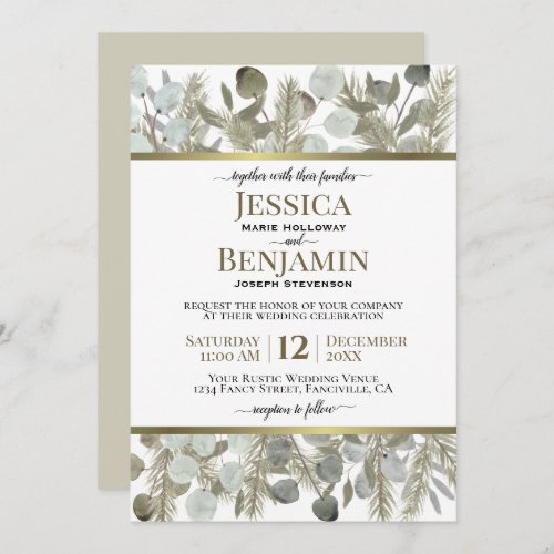 Golden Pine  Eucalyptus Rustic Winter Wedding Invitation