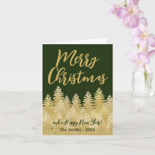 Golden Pine Trees Merry Christmas Dark Green Photo Card