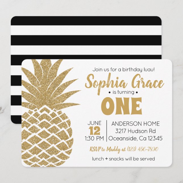 Golden Pineapple Birthday Luau Invitation (Front/Back)