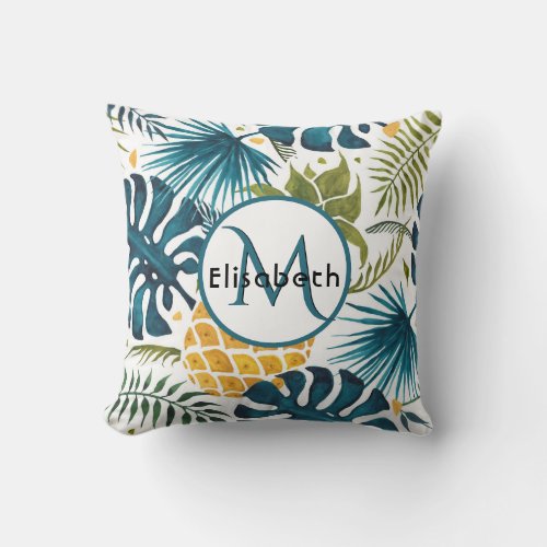 Golden pineapple blue palm leaves foliage monogram throw pillow