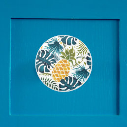 Golden pineapple blue palm leaves foliage white ceramic knob