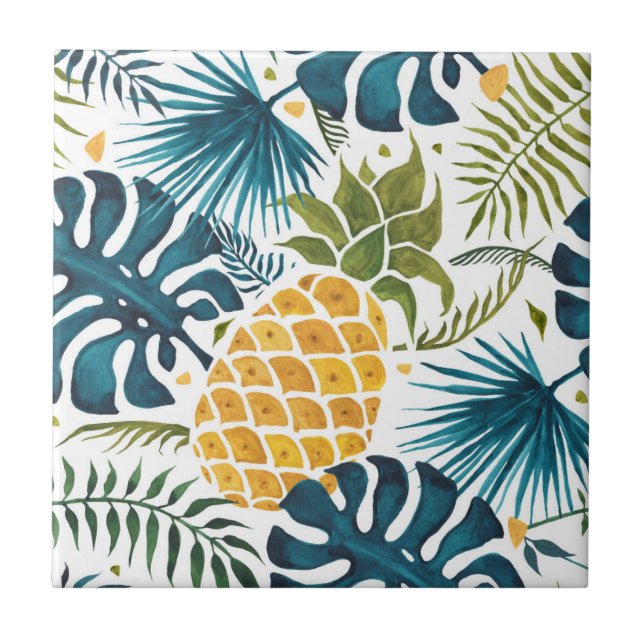 Golden pineapple blue palm leaves foliage white ceramic tile (Front)