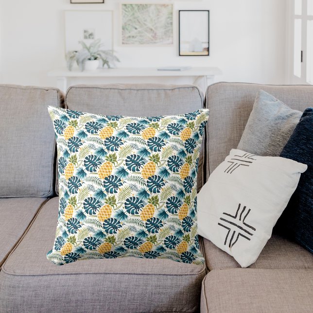 Golden pineapple blue palm leaves foliage white throw pillow (Creator Uploaded)
