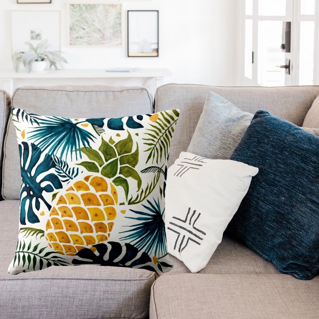 Golden pineapple blue palm leaves foliage white throw pillow (Creator Uploaded)
