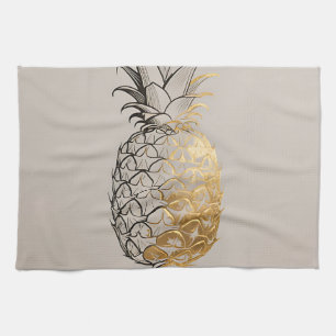 Golden Pineapple Line Art Kitchen Towel