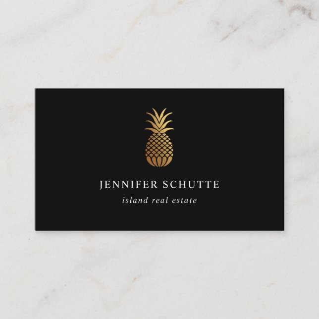 Golden Pineapple Modern Black & Gold Real Estate Business Card (Front)