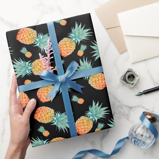 Golden Pineapple Pattern on Black | Tropical Fruit Wrapping Paper (Gifting)