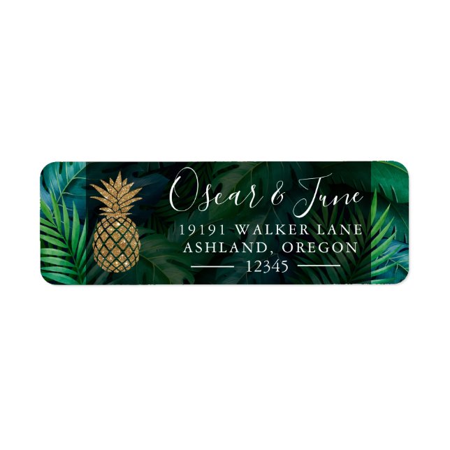 Golden Pineapple Summer Tropical Leaves Address Label (Front)