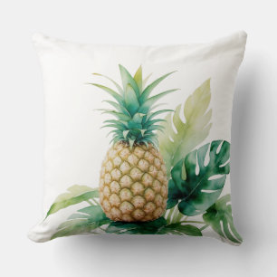 Golden Pineapple with Monstera Watercolor Tropical Throw Pillow