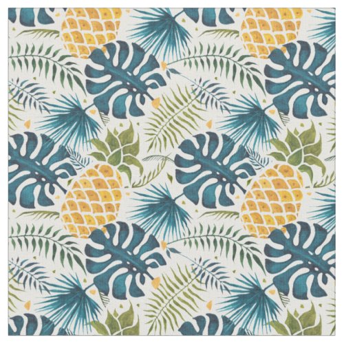Golden pineapples blue palm leaves foliage white fabric