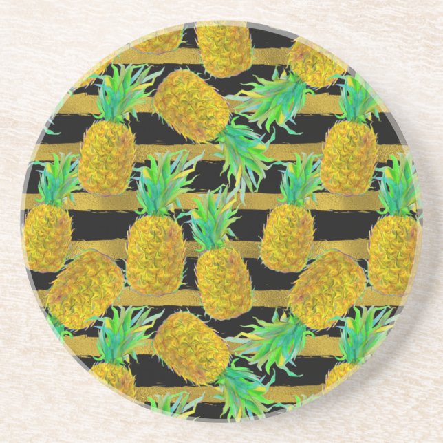 Golden Pineapples On Stripes Coaster (Front)