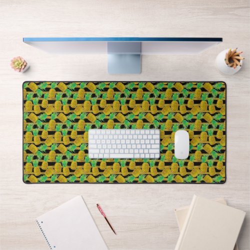 Golden Pineapples On Stripes Desk Mat