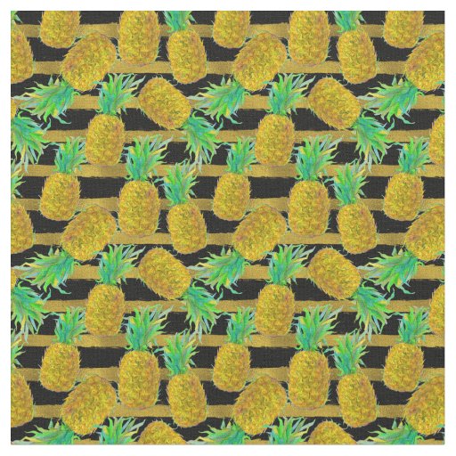 Golden Pineapples On Stripes Fabric