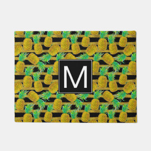 Golden Pineapples On Stripes Monogram Doormat