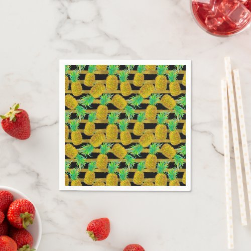 Golden Pineapples On Stripes  Monogram Napkins