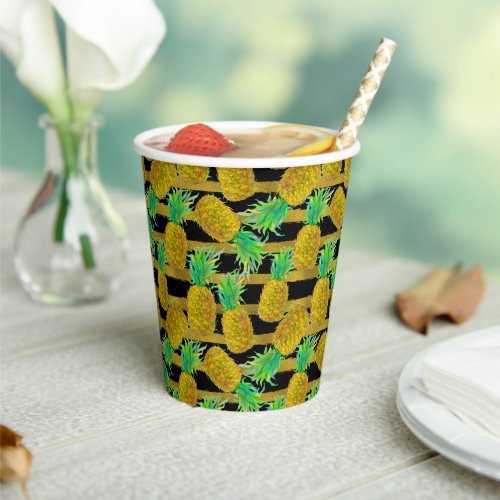 Golden Pineapples On Stripes  Monogram Paper Cups