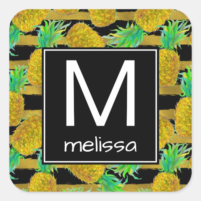 Golden Pineapples On Stripes | Monogram Square Sticker (Front)