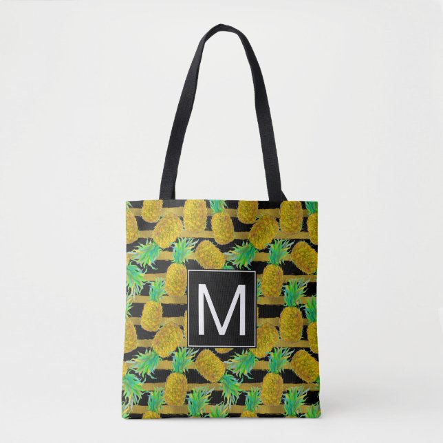 Golden Pineapples On Stripes | Monogram Tote Bag (Front)