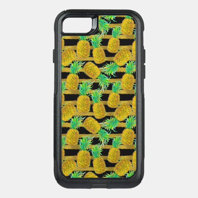 Golden Pineapples On Stripes Otterbox iPhone Case (Back)