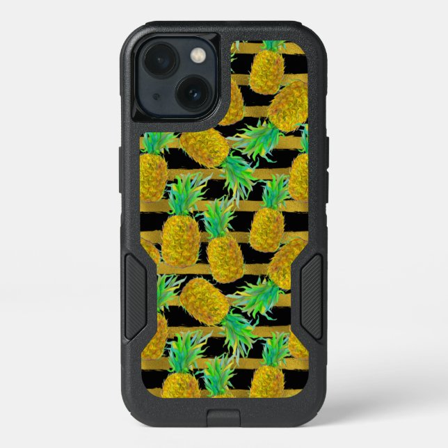 Golden Pineapples On Stripes Otterbox iPhone Case (Back)