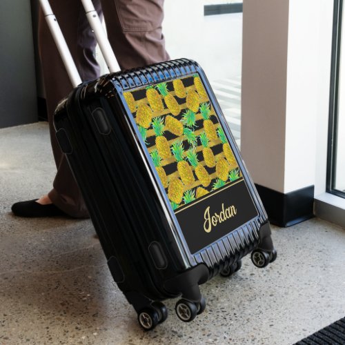 Golden Pineapples On Stripes  Personalize Luggage