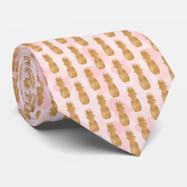 Golden Pineapples Pattern Tropical  Neck Tie (Rolled)