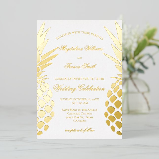 golden pineapples wedding foil invitation (Standing Front)