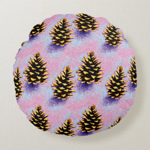 Golden Pinecones Round Pillow
