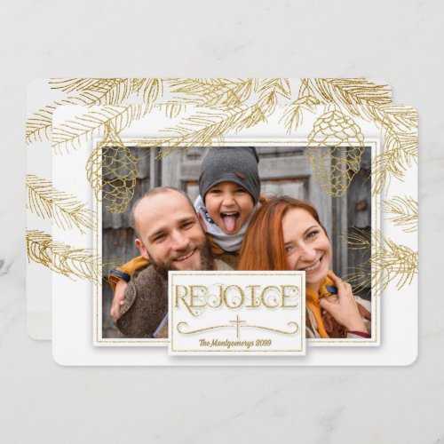 Golden Pines Rejoice Christian Cross Photo Holiday Card