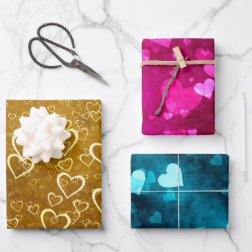 Golden Pink Blue Love Heart Shape Wrapping Paper Sheets