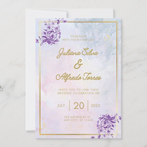 Golden  pink floral colourful Wedding Invitation