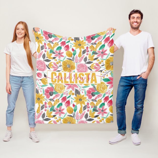 Golden Pink Flowers Leaves Watercolor Art Monogram Fleece Blanket (In Situ)