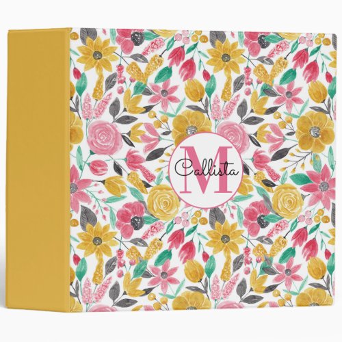 Golden Pink Flowers Leaves Watercolor Monogram 3 Ring Binder