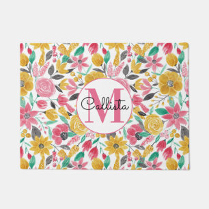 Golden Pink Flowers Leaves Watercolor Monogram Doormat