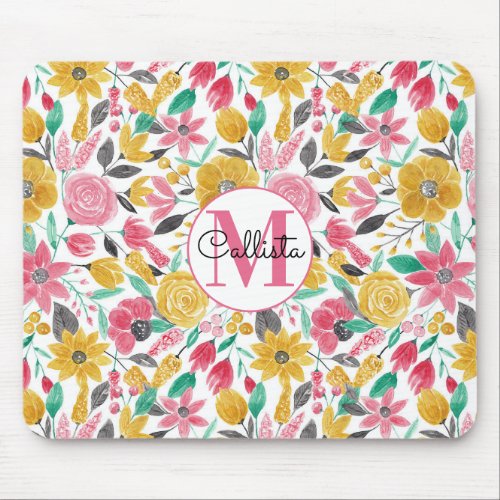 Golden Pink Flowers Leaves Watercolor Monogram Mouse Pad