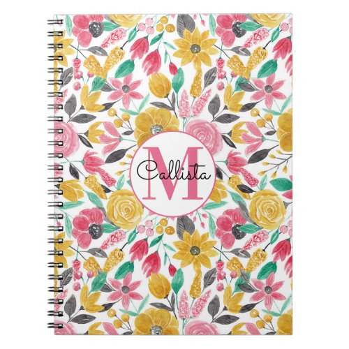 Golden Pink Flowers Leaves Watercolor Monogram Notebook