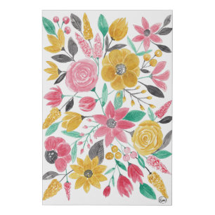 Golden Pink Flowers Leaves Watercolor Pattern Art Faux Canvas Print
