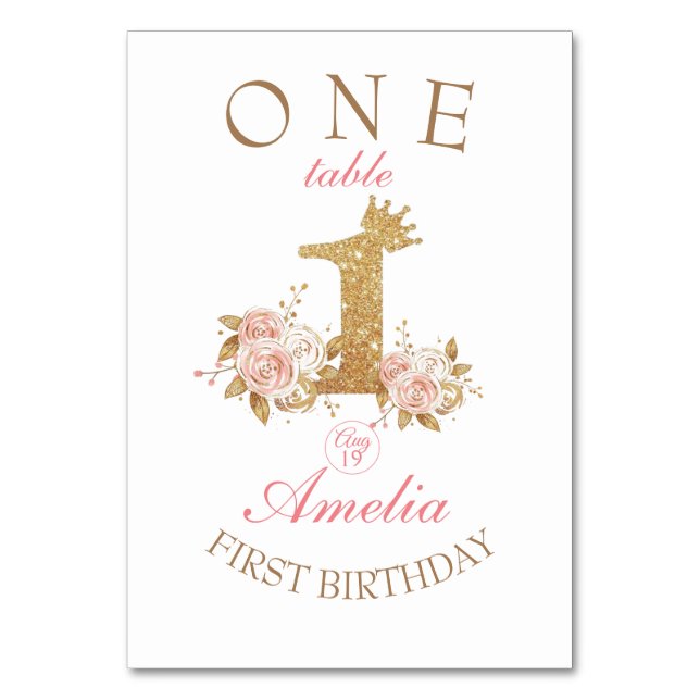 Golden Pink Flowers Princess 1st Birthday Party Table Number (Front)