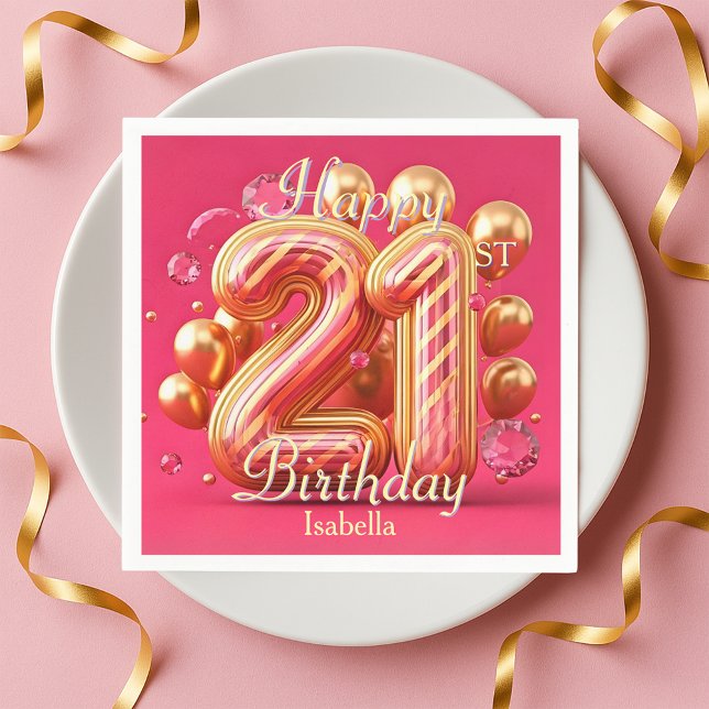 Golden Pink Glam Chic 21st Birthday Balloons Napkins (Creator Uploaded)