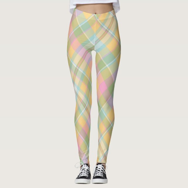 Golden, Pink, Green & Blue Plaid Pattern Leggings (Front)