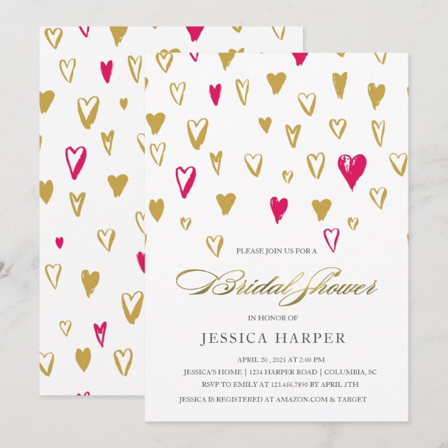 Golden pink hearts bridal shower invitation (Front/Back)