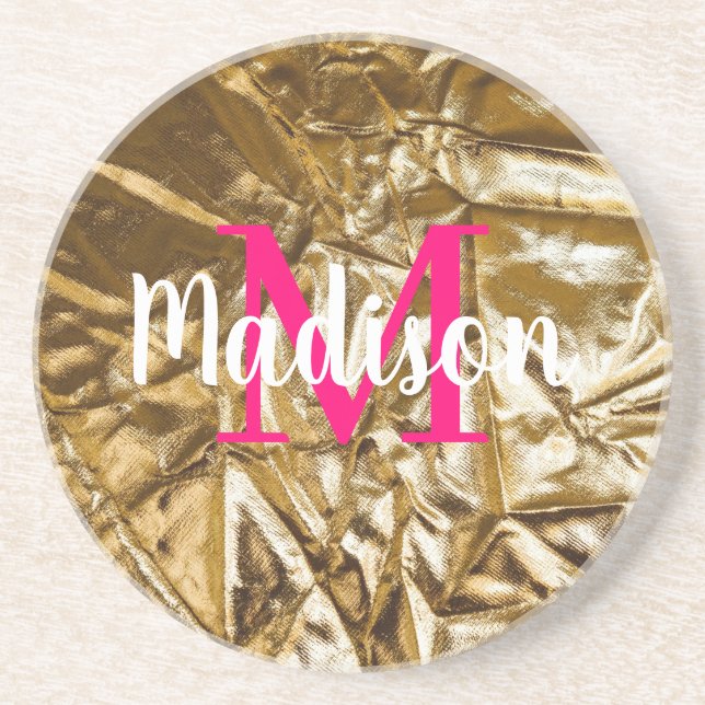Golden Pink Monogram Personalized Coaster (Front)